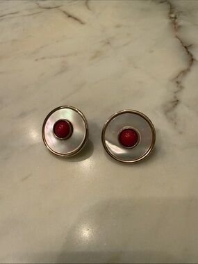 Gold-Tone Mother-of-Pearl Earrings with Red Center Vintage
